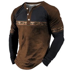 Camiseta masculina vintage algodão camiseta bloco de cor boêmio gráfico t camisa impressão manga longa camisa henley oversized roupas masculinas topos 240118