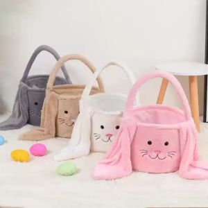 Party Easter Rabbit Basket Long Ears Plush Easters Eggs Bucket Bunny Smile Face Candy Gift Bag Festival Party Handbag for Kids1.30