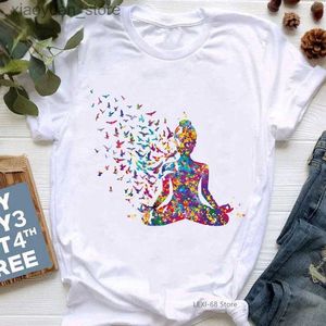 T-shirt da donna Acquerello Respira Chakra Simboli Yoga Stampa Tshirt Donna Uccello Om Aum Buddha di giada Meditazione Tie Die T Shirt Femme T-shirt Top 240130