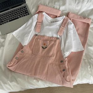 Kvinnors jeans kvinnor rosa denim jumpsuit broderi blommigt tryck spänningsbyxor solida lös vår mångsidig söta kvinnliga breda ben övergripande