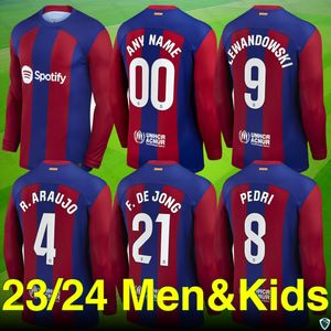 23 24 Barcelona Swoosh Soccer Courseys -Long Sleeve F. De Jong ، Ferran ، Lewandowski Editions.Premium للجماهير - المنزل. اسم التخصيص مختلف الأحجام ، الرقم