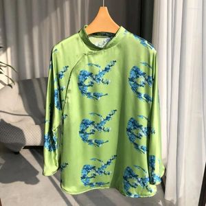 Women's Blouses 2024 Spring Chinese Retro Tang Suit Green Small Stand Collar Shirt Nine-quarter Sleeves Sand Washed Silk Women