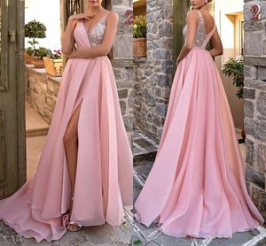 Sexy Pink Split Evening Dresses A Line V Neck Prom Dress Sparkle Sequins Top Backless Long Bridesmaids Evening Gowns BC18089
