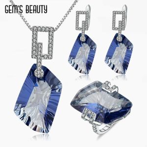 Halsband Gem's Beauty 925 Silver Ring Drop Earring Halsband smycken Set Heterohexagon Iolite Blue Mystic Quartz Women smycken Set