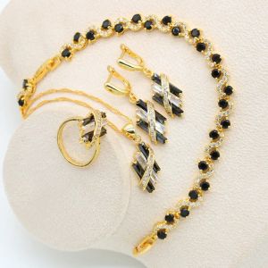 Necklaces Gold Color Jewelry Set for Women Black White Zircon Bracelet Earrings Necklace Pendant Ring Birthday Gift