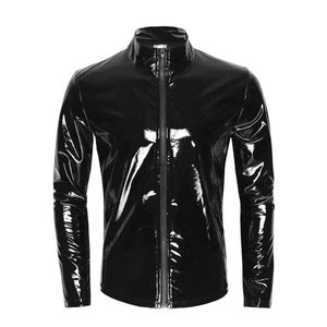 Sexig uppsättning Mens Sexig Shiny Wetlook Leather Shirt Erotic Shaping Sheath Latex Casual Coat Man Glossy Metallic PVC Leather Jacket Topps Sexi