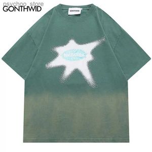 Męskie koszulki Hip Hop Streetwear Washed T Shirt Vintage Graphic Dye Dye Gradient Tshirt 2023 HARAJUKU Punk Gothic Loose Tee Shirts Top Q240130