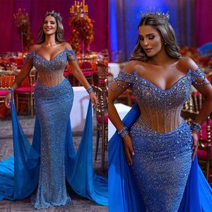 Luxury Women Evening Dresses Off Shoulder Sleeveless Prom Gowns With Wrap Crystal Sequins Beads Sweep Train Dress For Party Custom Made Robe De Soiree