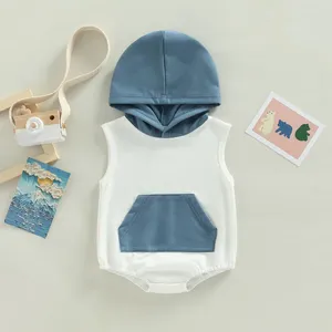 Rompers spädbarn baby flicka pojke kläder sommar 2024 bodysuit ärmlös grundkontrast/fast färg huva jumpsuit 0 till 18 månader