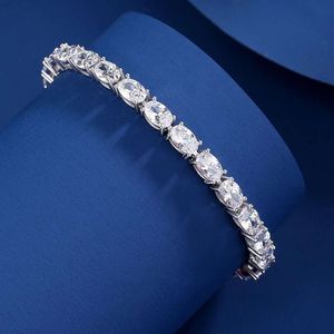 Хип-хоп Полный овальной огранки Cz Diamond Роскошные теннисные браслеты-цепочки из стерлингового серебра 925 пробы для женщин и мужчин