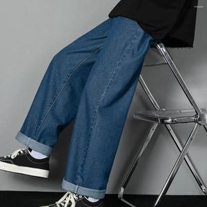 Mäns jeans breda ben män byxor retro streetwear med djupt gren andas tyg löst passande långa byxor för komfort