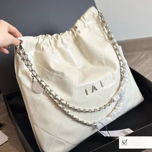 Designer 22 Garbage Bag Glossy Oil Wax Leather 33x30cm Gold/Silver Letters Coins Charm Hardware Matelasse Chain Women Large Capacity Shopping Shoulder Bags Purse