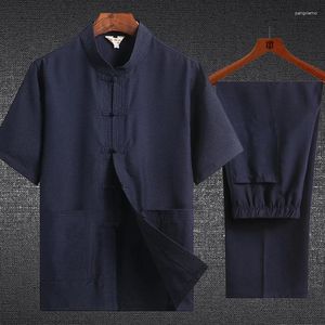 メンズトラックスーツチャイニーズタングスーツショートスリーブハンフシャツタイチーチーソリッドカラーコットンリネンレイマンの服の夏