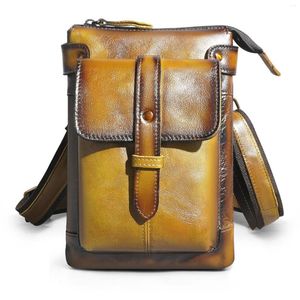 Waist Bags Soft Real Leather Travel Retro Fanny Belt Pack Sling Bag Design Phone Cigarette Case Pouch For Men Male 8711-yb