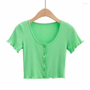 Women's T Shirts 2024 Sexig V-ringknapp Kort Y2K Indie All-Match Ribbed Short-Sleeve Streetwear Tee Tops T-shirts Summer Solid for Women