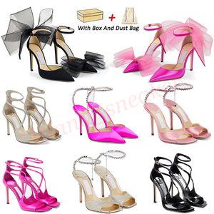 With BOX Luxury Women Shoe Jimmy Choo High Heels Sandals Women Heel Pumps Sandal【code ：L】With Asymmetric Grosgrain Mesh Fascinator Bows Wedding Dress Shoes Fuchsia