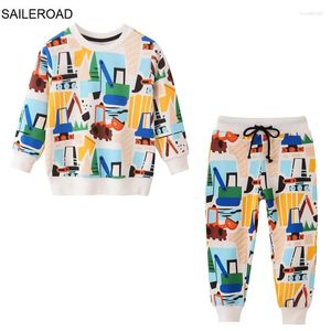 Kläder sätter Saileroad Spring Children's Clothes Boy Cartoon Excavators tröjor för byxor barn långa ärmar set tonåringar träningsdräkt