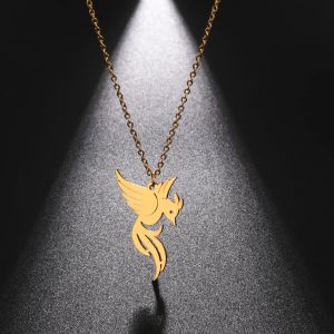 Trendy Phoenix Pendant Necklace for Women Girls 14k Yellow Gold Color Neck Chain Choker Lucky Bird Jewelry Gift