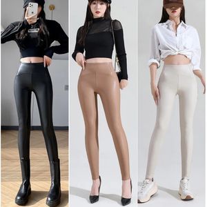 Mulher cintura alta calças de couro falso casual legging magro grosso inverno outono meninas lápis calças bege sexy bum moldar calças 240125