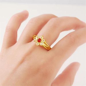 Cluster Rings 24k Gold Colour Red Heart/flowers Crystal Ring Color Anniversary Jewelry For Women Cubic Zirconia Stone