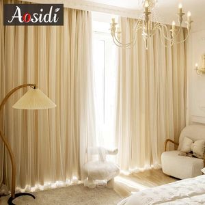 Cortina blackout de camada dupla para sala de estar, cortina luxuosa de janela para quarto de meninas com tule branco, fundo longo 240118