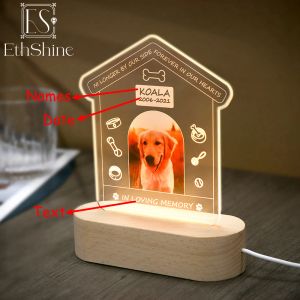 Jóias ethshine personalizado foto texto 3d lâmpada acrílica personalizado quarto luz da noite cão gato animal de estimação memorial presente presentes de natal