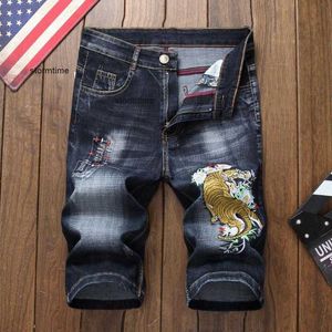 Stil Sommer Herren Shorts Jeans Luxus Herren Denim Hosen Reißverschluss Drachenmuster Loch Straight Shorts Jeans für Blau und Schwarz