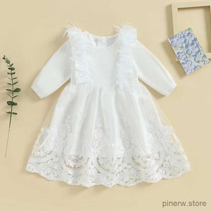Girl's Dresses Baby Girls Birthday Dress Flower Girl Wedding Baptism Long Sleeve Lace Feathers Party Princess Dress Autumn Clothes