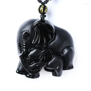 Pendant Necklaces Chinese Handwork Natural Black Obsidian Carved Mother Baby Cute Elephant Amulet Lucky Necklace Fashion Jewelry Healing