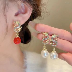 Dangle Earrings Rhinestone Dragon Imitation Pearl High Sense Temperament 2024 Year Fashion S925 Silver Needle Red