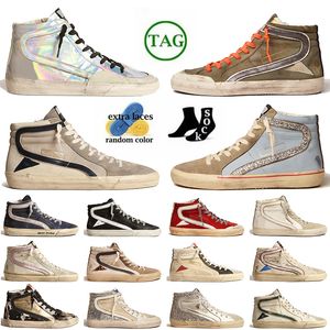 Mode-Sneakers, Designer-Glitzer, lässige Slide-Schuhe, handgefertigt, Mid-Ball-Star-Italien-Marke, Obermaterial aus silbernem und goldenem Kalbsleder, Flash-Vintage-Trainer für Damen und Herren, Plattform