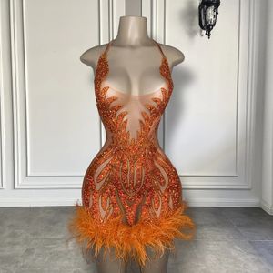 See Through Sexy Women Birthday Party Gowns Halter Sparkly Crystals African Black Girls Orange Mini Short Prom Dresses 24030