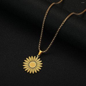 Naszyjniki wisiorek Chandler ze stali nierdzewnej złoto platowany naszyjnik słonecznikowy kwiat urok kwiatowy