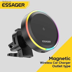 Cell Phone Mounts Holders Essager RGB Magnetic Car Phone Holder Qi 15W Wireless Charger Car For iPhone 14 13 Pro Max Samsung Universal Phone Holder Stand YQ240130