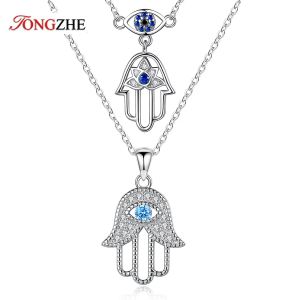 ネックレスTONGZHE EVIL EVIL HEAND HAMSA PENDANT NECKLACE WOMEN CRYSTAL 925 STERLING SILVER TURKISH JEWELRY HOLLOW OUT CLAVICLE LINKチェーン