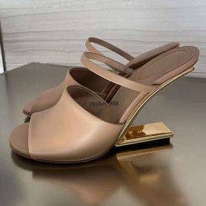 Neueste geformte Metallabsatz-Hausschuhe für Damen, modisch, blau-goldene High-Heel-Sandalen, ungewöhnliche Absätze, offene Zehen, Slip-On-Slides, High-Heels-Schuhe, luxuriöse Designer-Abendschuhe