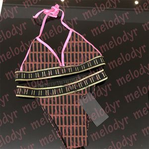 コントラストカラービキニセットレタープリント女性ファッションブランドのためのセクシーなブラジャー水着バックレススイミングビキニ