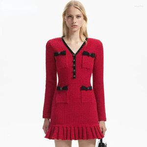 Casual Dresses Women Early Spring Temperament Christmas Red Contrasting Edge Bow V-neck Knitted Diamond Button Short Dress