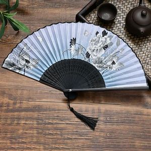 Dekorativa figurer Elegant vintage -stil Silk Folding Fan Bamboo Wood Handgjorda handhållen Heminredning Party Father's Day Wedding