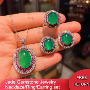 Necklace QXTC Vintage Fluorescence Jade Necklace Pendant Ring Earrings Wedding Party Fine Jewelry Sets for Women Gift Accessories