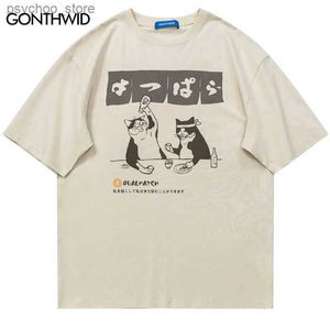 Homens camisetas Harajuku Homens Camiseta Gato Japonês Impressão T-shirt 2023 Verão Moda Hip Hop Casual Algodão Solto Camisetas Tops Casal Q240130