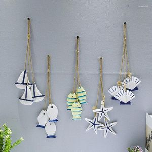 Figurine decorative Piccolo ciondolo in legno Oceano blu Accessori per la casa in stile mediterraneo Artigianato Stella marina Capesante Rete per pesci piccoli appesa