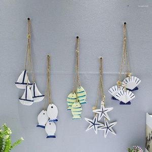 Dekorative Figuren, blauer Ozean, kleiner Holzanhänger, mediterraner Stil, Wohnaccessoires, Kunsthandwerk, Seestern, Jakobsmuschel, kleines Fischnetz zum Aufhängen