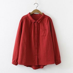 Blusas femininas vintage vermelho algodão fio camisas mulheres japão sólido manga longa senhora topos macio pele-amigável base camisa plus size roupas