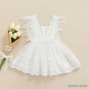 Mädchenkleider Prinzessin Kleinkind Baby Mädchen Spitze Stickerei Kleid Süße Baby Federn Fliegenärmel Rückenfreies Weißes Kleid Sommerkleid