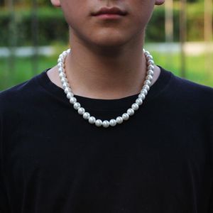 Hela 8-10 mm pärlhalsband hiphop cz stenbling isade ut korshängen halsband med pärlpärlad länkkedja för män rappe309h