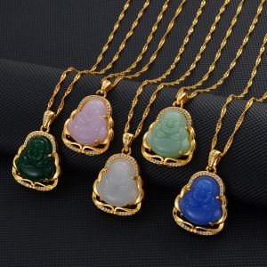 Green Blue Pink White Buddha 14k Yellow Gold Pendant Necklaces Women Amulet Chinese Style Maitreya Jewelry New Model