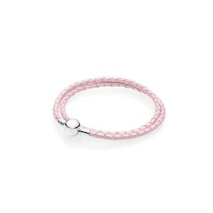 Halsband rosa läderarmband för kvinnor signatur rund lås 925 sterling silver smycken flätad kedja armband diy kvinnligt vävt rep