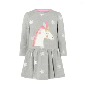 Girl Dresses Jumping Meters Long Sleeve Grey Unicorn Princess Girls Cotton Stars Children's 2-7T Clothes Fashion Party Frocks