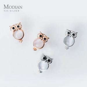 Örhängen Modian White Opal Cute Owl Ear Studs For Women Gift Authentic 925 Sterling Silver Rose Gold Color Stud Earring Fashion Jewelry